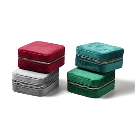Square Velvet Jewelry Zipper Boxes, Portable Travel Jewelry Storage Case with Alloy Zipper, for Earrings, Rings, Necklaces, Bracelets Storage