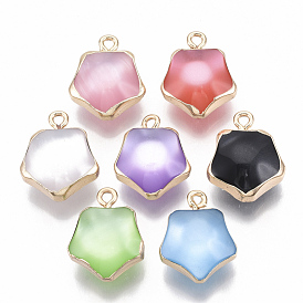 Resin Pendants, with Golden Plated Iron Loops, Imitation Cat Eye Style, Star