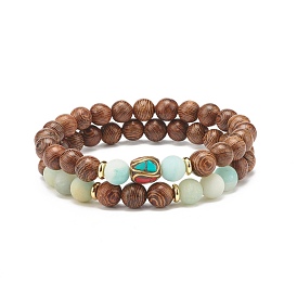 Wood Beaded Stretch Bracelet Sets, Natural Frosted Flower Amazonite Bead Stackable Bracelets for Women, with Indonesia Beads