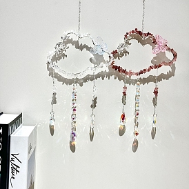 Wire Wrapped Natural Crystal Chips Cloud Pendant Decorations, Glass Tassel for Home Bedroom Hanging Decorations