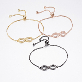 Adjustable Brass Bolo Bracelets, Slider Bracelets, with Cubic Zirconia and Box Chains, Infinity