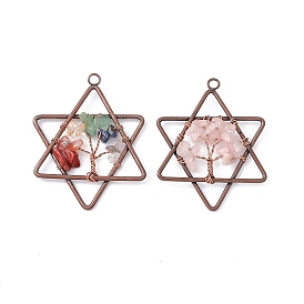 Pentagram Natural Gemstone Copper Wire Wrapped Chip Big Pendants, Tree of Life Charm, with Red Copper Tone Iron Findings