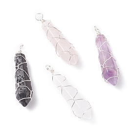 Pendentifs pointus en pierres précieuses à facettes naturelles, avec fil de cuivre argenté enroulé, balle