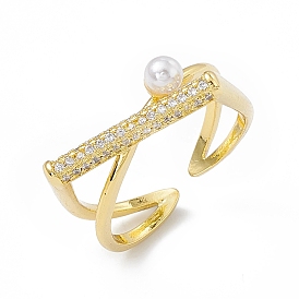 Rack Plating Eco-Friendly Brass Micro Pave Clear Cubic Zirconia Rings, with Plastic Imitation Pearl, Long-Lasting Plated, Lead Free & Cadmium Free, Criss Cross Ring, Cuff Ring