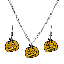 Spooky Pumpkin Skull Jewelry Set for Women - Earrings and Necklace Combo