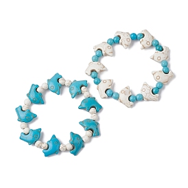 2Pcs 2 Style Synthetic Turquoise & Howlite Dolphin Beaded Stretch Bracelets Set, Stackable Bracelets