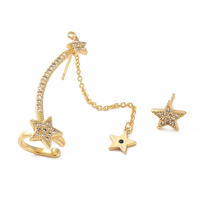 Cubic Zirconia Star Asymmetrical Earrings, Rack Plating Real 18K Gold Plated Brass Stud Earrings with Ear Cuff for Women, Lead Free & Cadmium Free