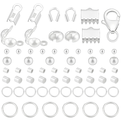 DIY Sterling Silver Findings Kits, include 2Pcs Crimp Beads Cover, 1Pc Lobster Claw Clasps, 2Pcs Bead Tips, 2Pcs Ribbon Ends, 16Pcs 2 Styles Round Beads, 10Pcs Tube Bead