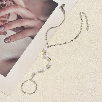 Elegant Brass Imitation Round White Pearl Hand Chain Finger Ring Bracelets for Women