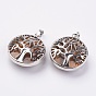 Stone Pendants, with Platinum Tone Brass Findings, Flat Round with Tree of Life