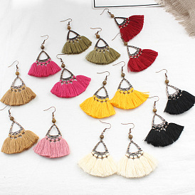 Multicolor Fan-shaped Alloy Pendant Fabric Tassel Earrings for Elegant and Chic Women's Fashion Jewelry