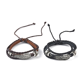 PU Leather & Waxed Cords Triple Layer Multi-strand Bracelets, Braided Adjustable Bracelet Alloy Wing