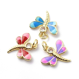 Brass Cubic Zirconia Pendants, with Enamel & Jump Ring, Dragonfly Charm, Real 18K Gold Plated