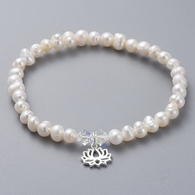 Natural Freshwater Pearl Beads Stretch Bracelets, with 925 Sterling Silver Charms, Austrian Crystal Beads and Cardboard Boxes, Lotus