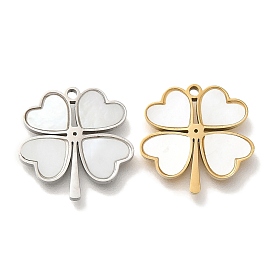 PVD Vacuum Plating 304 Stainless Steel Charms, with Pave Shell, Clover Charm