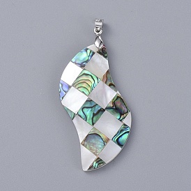Natural Abalone Shell/Paua Shell and White Shell Big Pendants, Mosaic Pattern, with Platinum Plated Brass Findings, Twist
