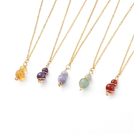 Natural Gemstone Pendant Necklaces, with Copper Wire, Golden Plated Brass Cable Chains and Spring Ring Clasps, Round