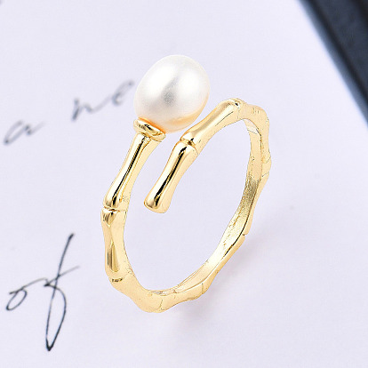 Natural Pearl Beaded Open Cuff Rings, Brass Bamboo Wrap Ring for Women