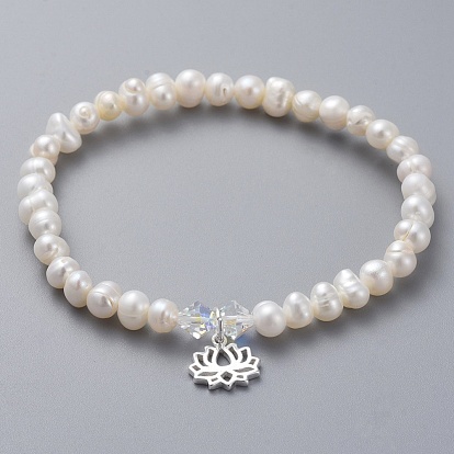 Natural Freshwater Pearl Beads Stretch Bracelets, with 925 Sterling Silver Charms, Austrian Crystal Beads and Cardboard Boxes, Lotus