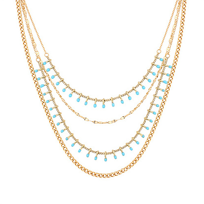 Stainless Steel Curb Chains Multi Layers Bib Necklaces, with Natural  Turquoise Charms