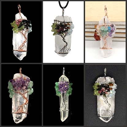 Irregular Natural Quartz Crystal Pendants, Tree of Life
