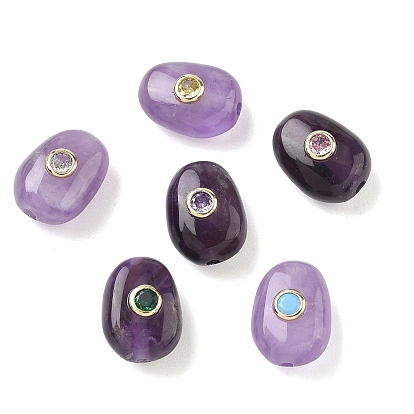 Natural Amethyst Beads, with Brass Micro Pave Cubic Zirconia Findings, Nuggets