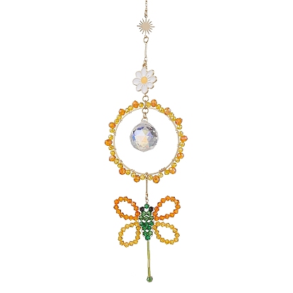 Décorations de pendentif d'anneau de perles de verre et de fleurs en émail en alliage, pompon libellule pour la décoration de la maison