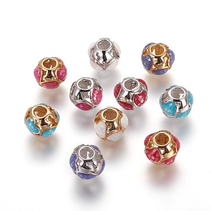 Brass European Beads, Large Hole Beads, with Enamel and Freshwater Shell, Round with Heart