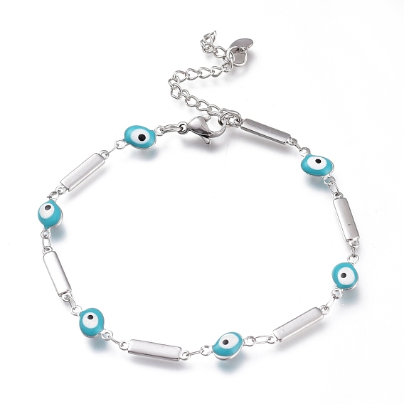 304 Stainless Steel Link Bracelets, with Enamel and Lobster Claw Clasps, Evil Eye & Rectangle, Light Sky Blue