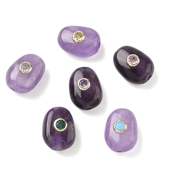 Natural Amethyst Beads, with Brass Micro Pave Cubic Zirconia Findings, Nuggets