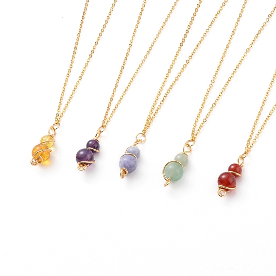 Natural Gemstone Pendant Necklaces, with Copper Wire, Golden Plated Brass Cable Chains and Spring Ring Clasps, Round