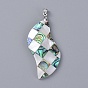 Natural Abalone Shell/Paua Shell and White Shell Big Pendants, Mosaic Pattern, with Platinum Plated Brass Findings, Twist