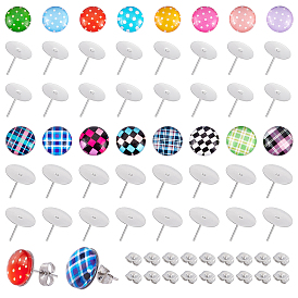 CHGCRAFT DIY Half Round with Tartan Pattern Stud Earrings Making Kit, Include Glass Cabochons, 304 Stainless Steel Stud Earring Settings, 201 Stainless Steel Ear Nuts