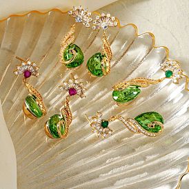 Exquisite Shiny Elegant Earrings with Green Water Drop Flower Design