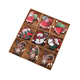 Christmas Theme Printed Wood Pendant Decorations, Christmas Tree Hanging Decorations, with Cord and Wood Beads