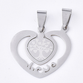 201 inoxydable pendentifs fendus en acier, pour les amoureux, coeur avec arbre & mot amour, pour Saint Valentin