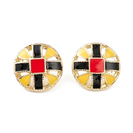 Flat Round with Cross Enamel Stud Earrings, Brass Jewelry for Women, Light Gold
