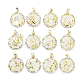 Brass Micro Pave Clear Cubic Zirconia Pendants, with Synthetic Opal and ABS Plastic Pearl, Real 18K Gold Plated, Flat Round with Twelve Constellations Charms