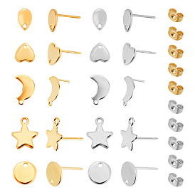 PandaHall Elite 40Pcs Heart & Teardrop & Moon & Geometry 304 Stainless Steel Stud Earring Findings, with Ear Nuts