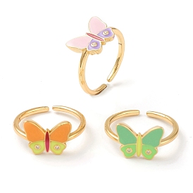 Brass Micro Pave Clear Cubic Zirconia Cuff Rings, Open Rings, with Enamel, Butterfly, Golden