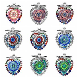 Heart Rhinestone Time Gem Glass Keychain, Yoga Mandala Flower Pendant Keychain, with with Alloy Findings