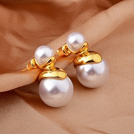 Round Brass Dangle Stud Earrings, with Plastic Imitation Pearl