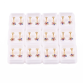 304 Stainless Steel Earlobe Plugs, Screw Back Earrings, with Rhinestone, Flower, Golden