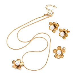 Цветок 304 ожерелья с подвесками из нержавеющей стали, кольца-манжеты и серьги-гвоздики, с пластиковой имитационной жемчужиной