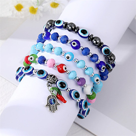 Retro Eye Bracelet with Colorful Beads and Lucky Palm Charm - Unique Fashion Accessory