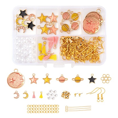 16Pcs Moon & Star & Planet Alloy Pendants, 8Pcs Polycotton Tassel Pendant Decorations, 30Pcs Plastic Round Beads, Stainless Steel & Iron Findings, for DIY Starry Sky Theme Earring Making Kits