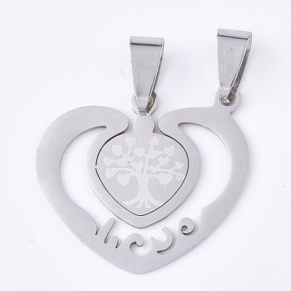 201 inoxydable pendentifs fendus en acier, pour les amoureux, coeur avec arbre & mot amour, pour Saint Valentin