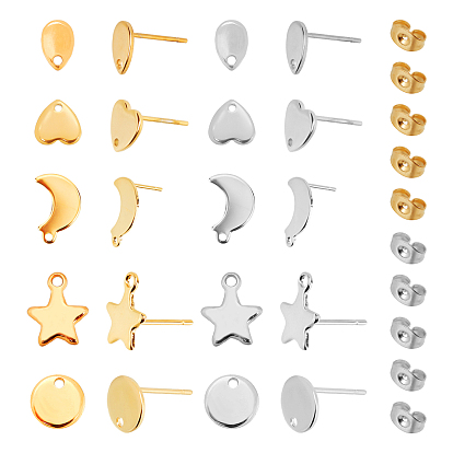 40Pcs Heart & Teardrop & Moon & Geometry 304 Stainless Steel Stud Earring Findings, with Ear Nuts