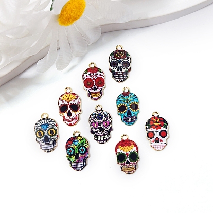 Подвески из эмалевого сплава с принтом в стиле хэллоуин, подвеска в виде сахарного черепа, золотые