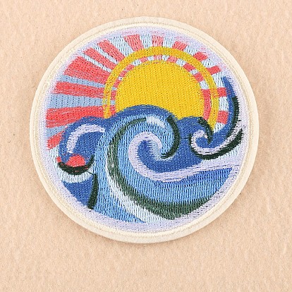 Computerized Embroidery Cloth Iron on/Sew on Patches, Costume Accessories, Appliques, Flat Round with Sea Wave